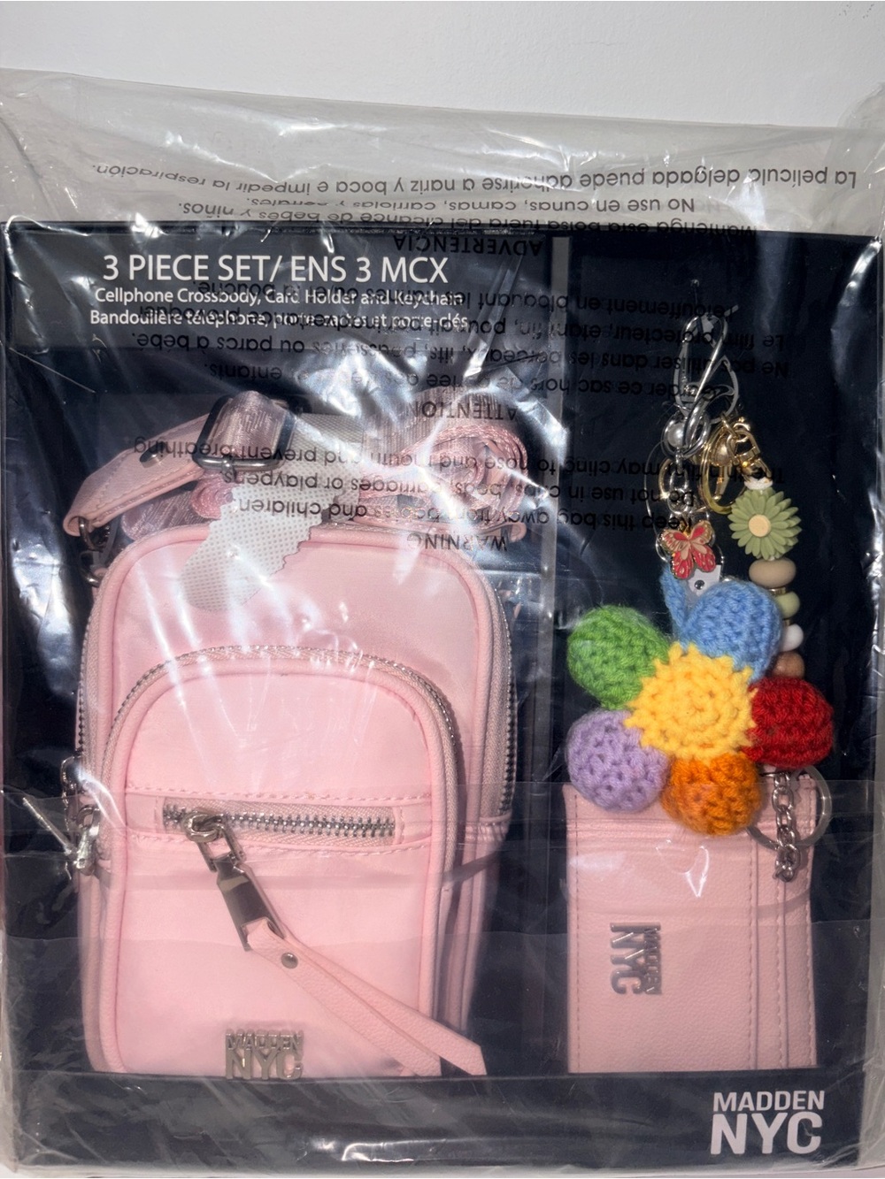 Madden NYC 3-Piece Cell Phone Crossbody Set Pink Card Holder Pom Pom Keychain